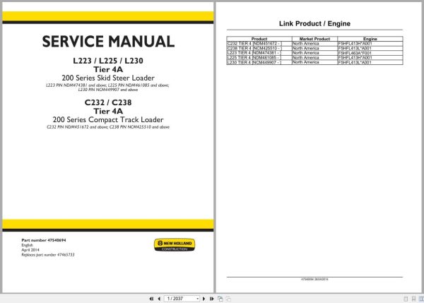 New Holland Loader L223 To C238 Tier 4A Service Manual 47540694 (1)