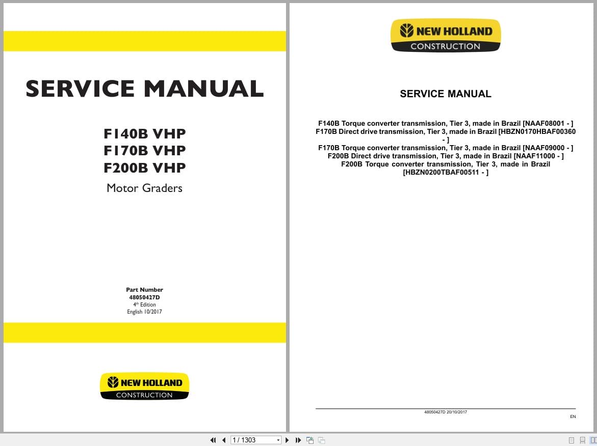 New Holland Motor Grader F140BVHP F170BVHP F200BVHP Service Manual 48050427D (1)