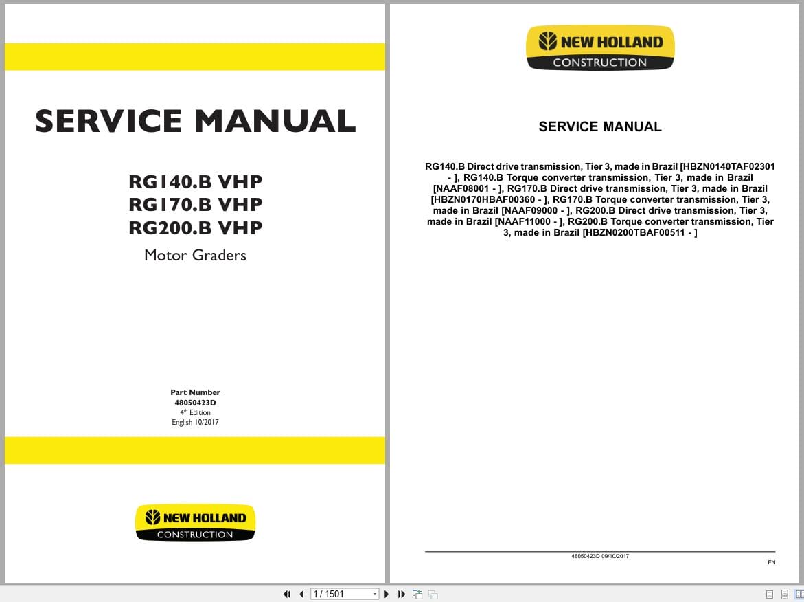 New Holland Motor Grader RG140.BVHP to RG200.BVHP Service Manual 48050423D (1)