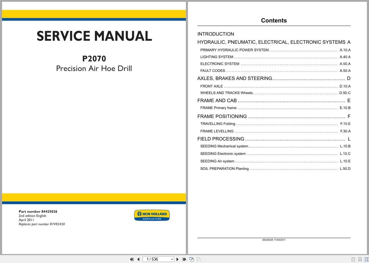New Holland Precision Air Hoe Drill P2070 Service Manual 84425026 (1)