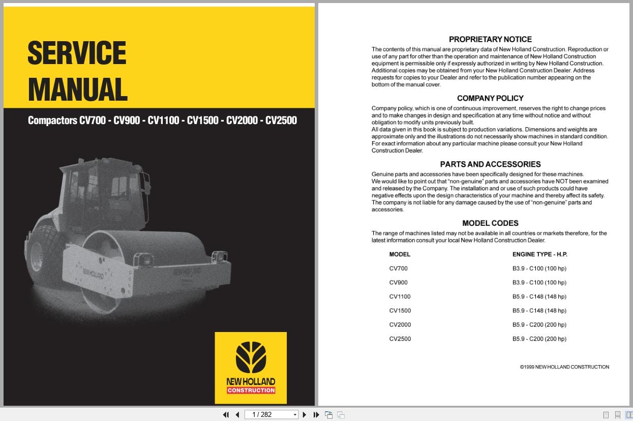 New Holland Soil Compactor CV700 to CV2500 Service Manual 60367000 (1)