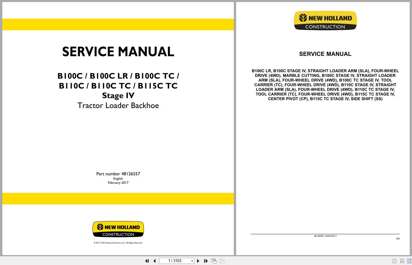 New Holland Tractor Loader Backhoe B100C to B115CTC Stage IV Service Manual 48126557 (1)