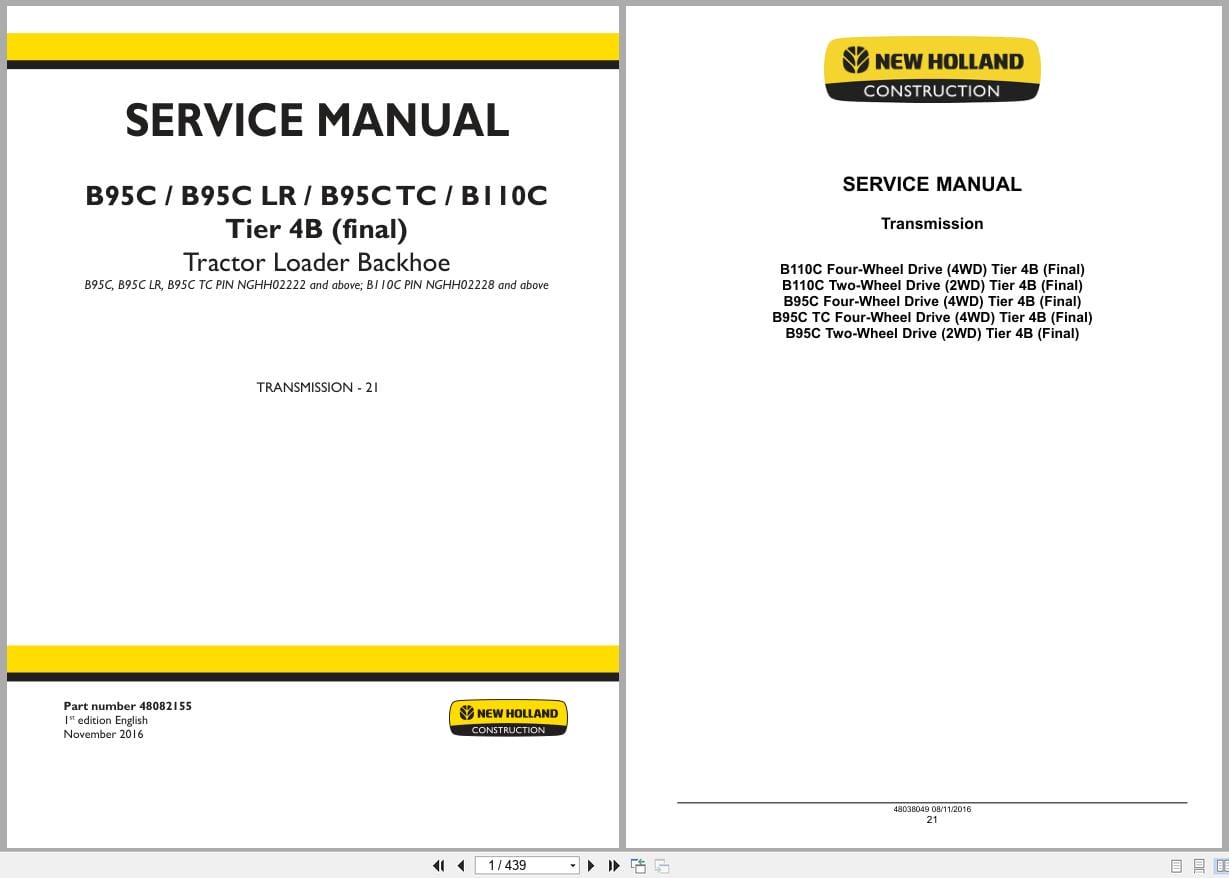 New Holland Tractor Loader Backhoe B95C to B110C Tier 4B Service Manual 48082155 (1)