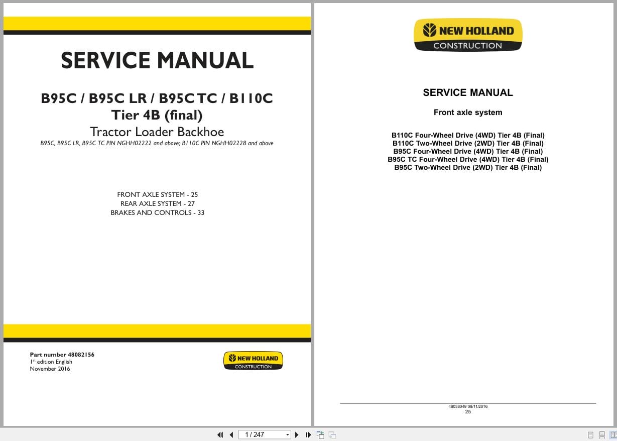New Holland Tractor Loader Backhoe B95C to B110C Tier 4B Service Manual 48082156 (1)