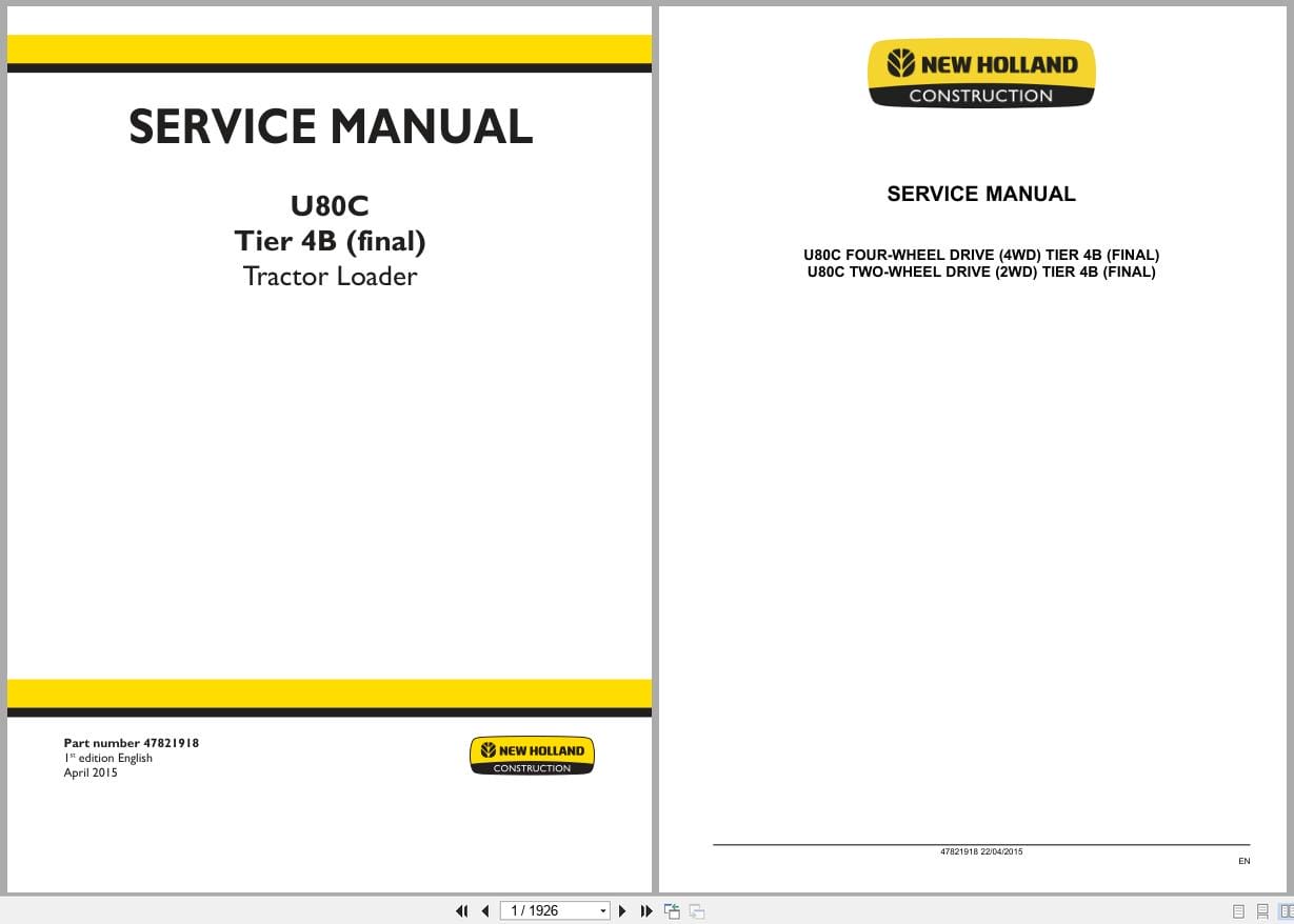 New Holland Tractor Loader U80C Tier 4B Service Manual 47821918 (1)