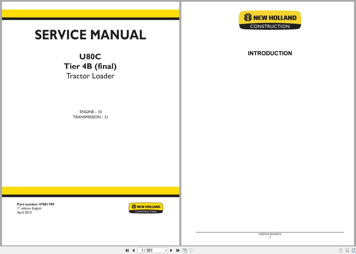 New Holland Tractor Loader U80C Tier 4B Service Manual 47881789 (1)