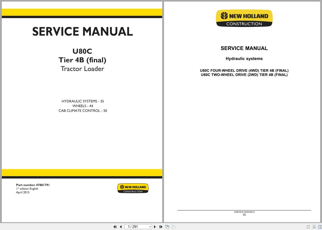 New Holland Tractor Loader U80C Tier 4B Service Manual 47881791 (1)