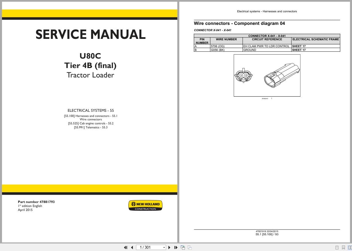 New Holland Tractor Loader U80C Tier 4B Service Manual 47881793 (1)