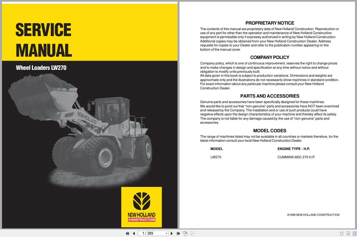 New Holland Wheel Loader LW270 Service Manual 75131020 (1)