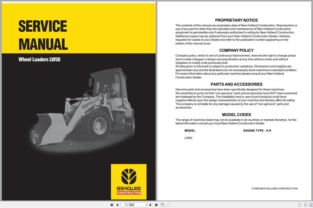 New Holland Wheel Loader LW50B Service Manual 73179329 (1)