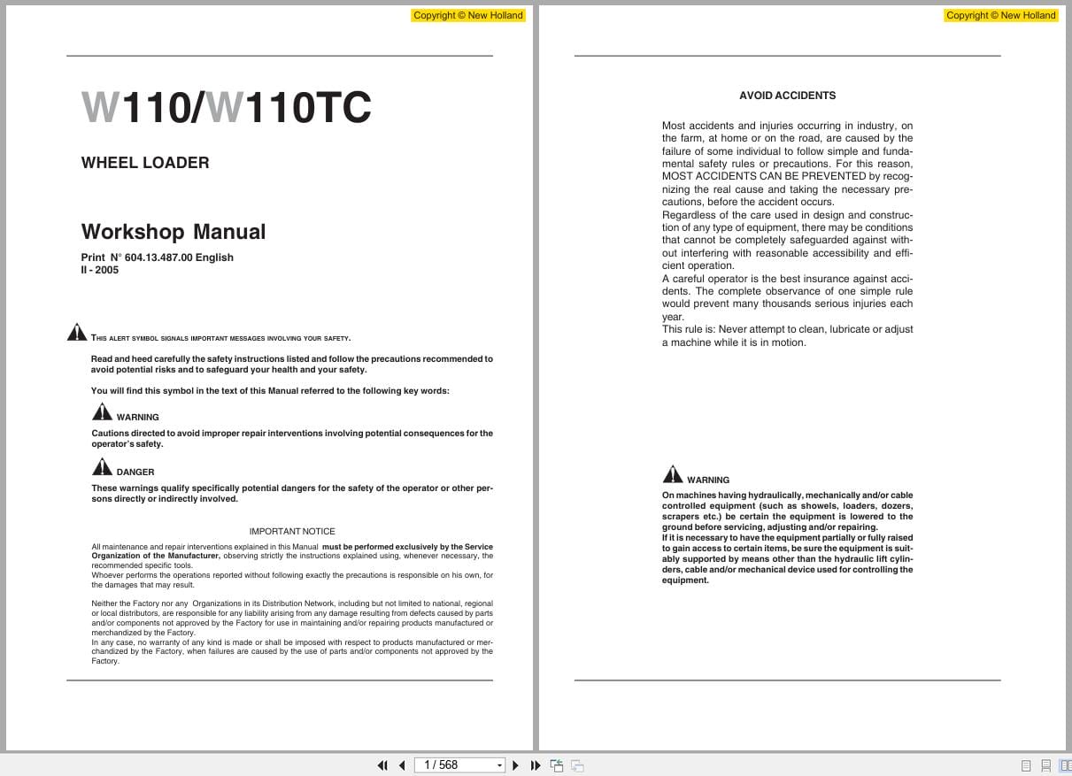 New Holland Wheel Loader W110 W110TC Workshop Manual 6041348700 (1)