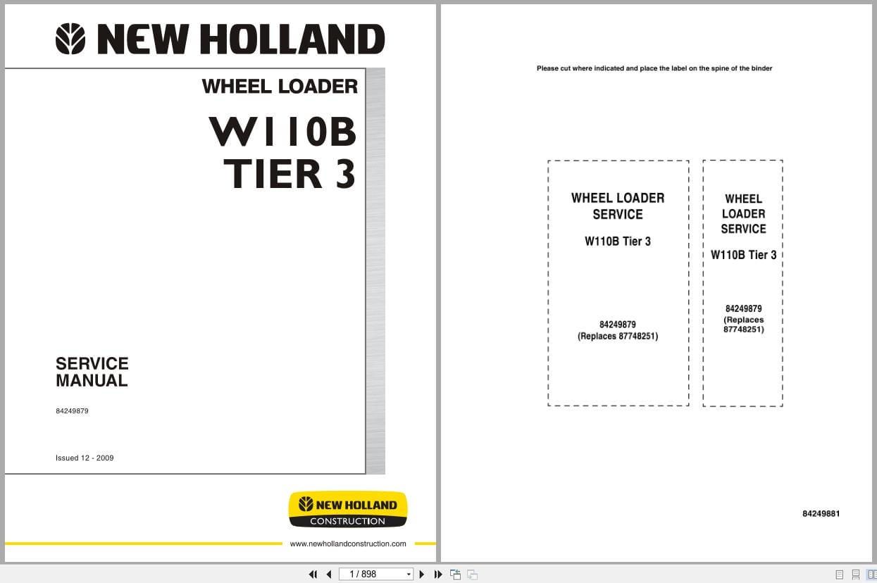 New Holland Wheel Loader W110B Tier 3 Service Manual 84249879 (1)