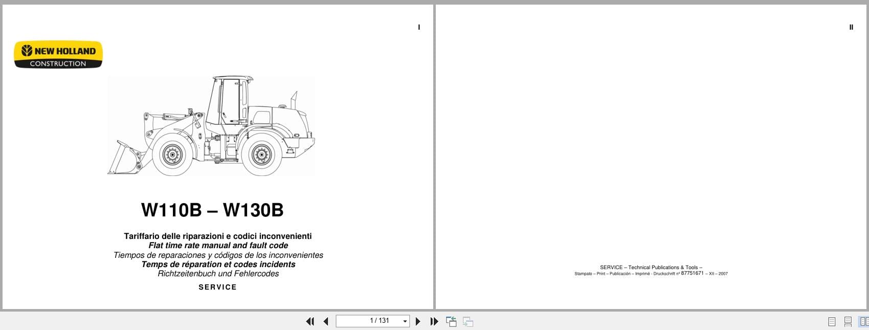 New Holland Wheel Loader W110B W130B Flat Time Rate Manual and Fault Code EN DE (1)