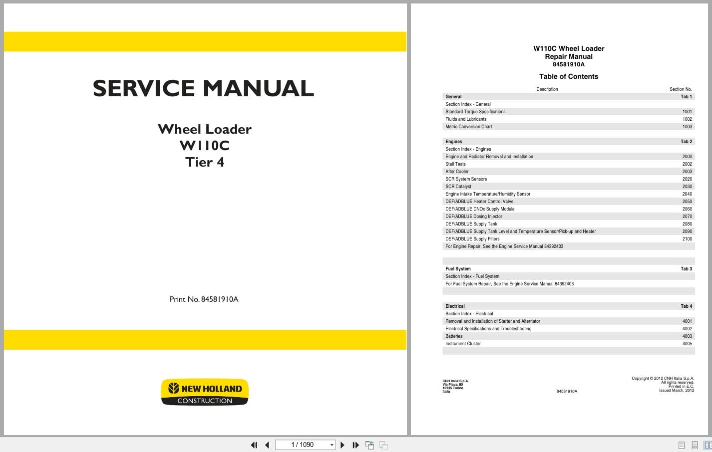 New Holland Wheel Loader W110C Tier 4 Service Manual 84581910A (1)