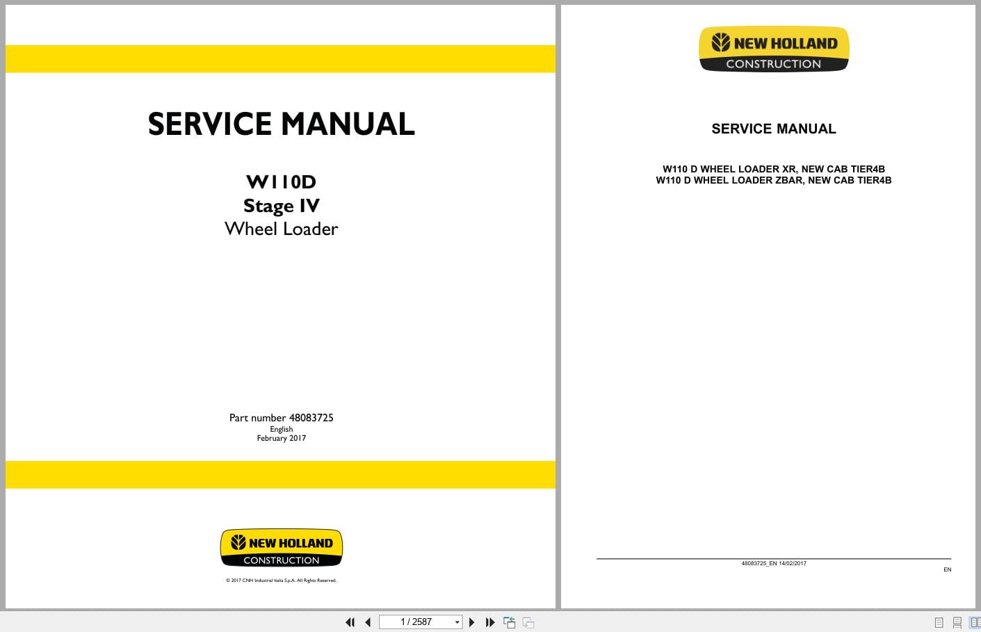 New Holland Wheel Loader W110D Stage 4 Service Manual 48083725 (1)