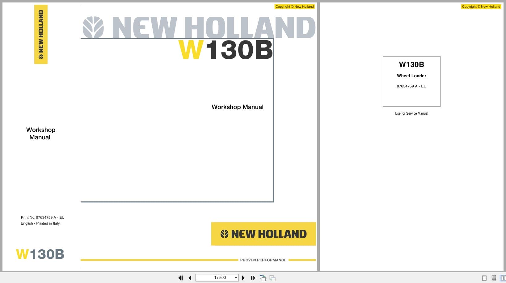 New Holland Wheel Loader W130B Workshop Manual 87634759A (1)