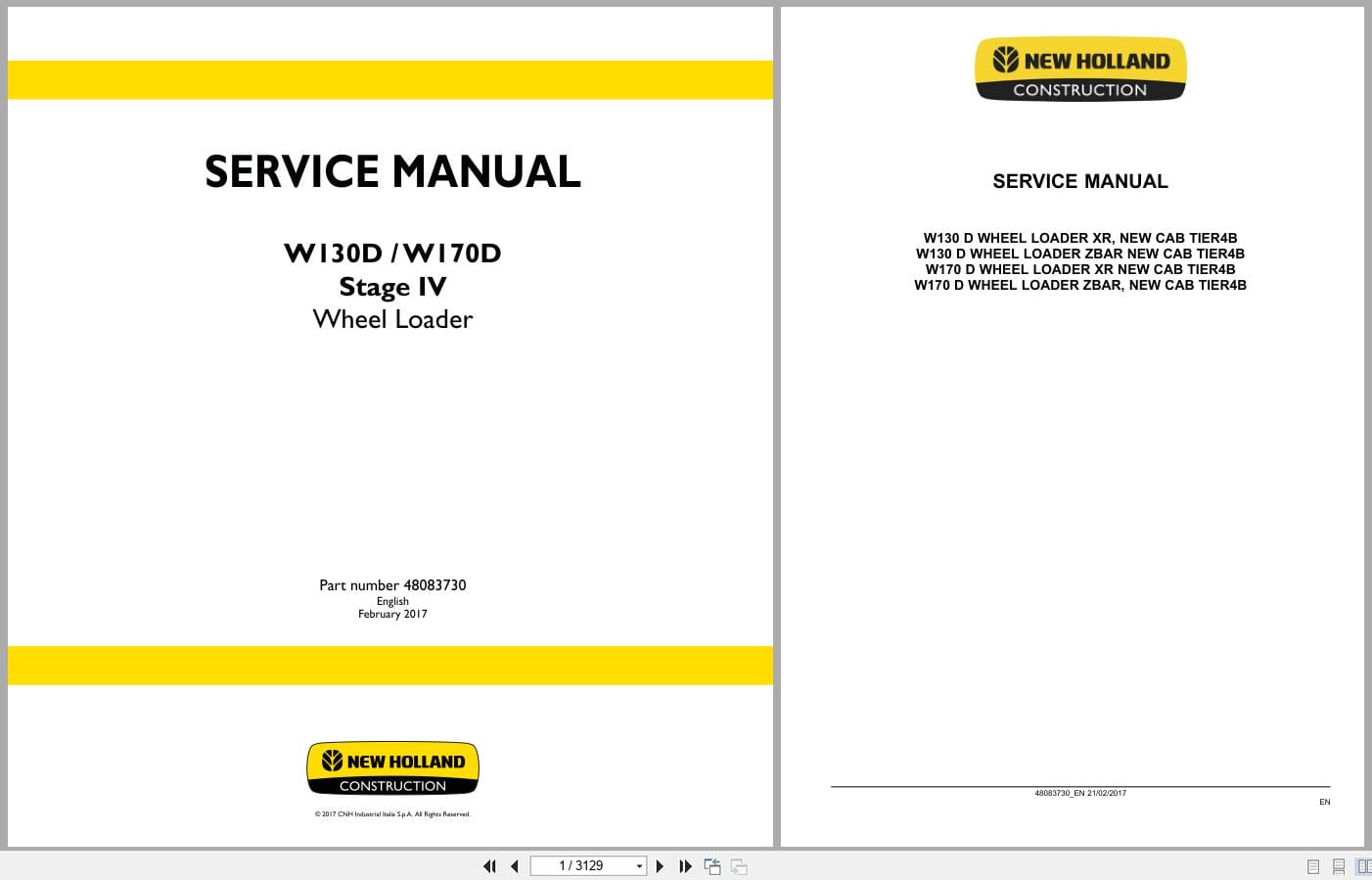 New Holland Wheel Loader W130D W170D Stage 4 Service Manual 48083730 (1)