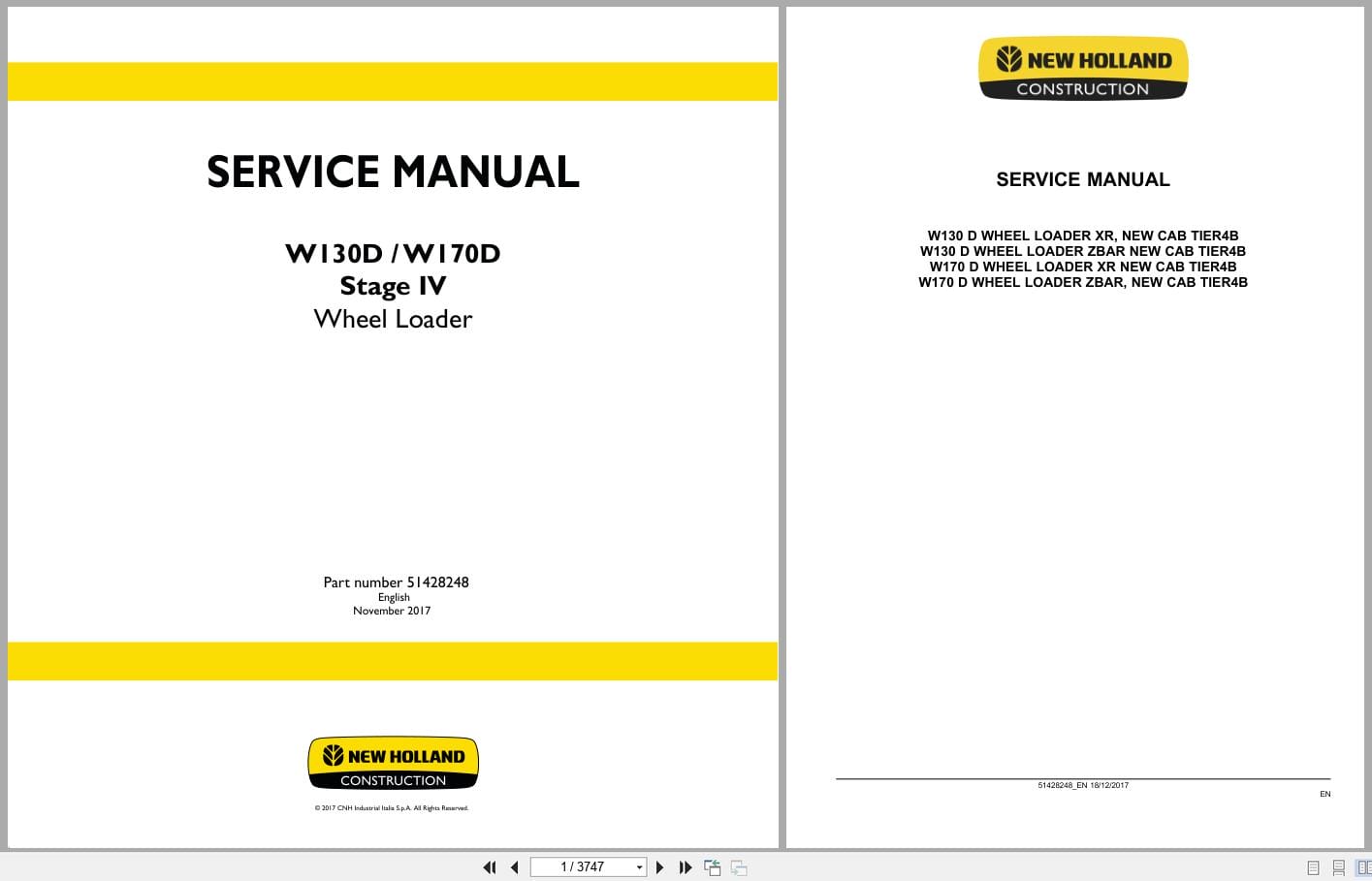New Holland Wheel Loader W130D W170D Stage 4 Service Manual 51428248 (1)