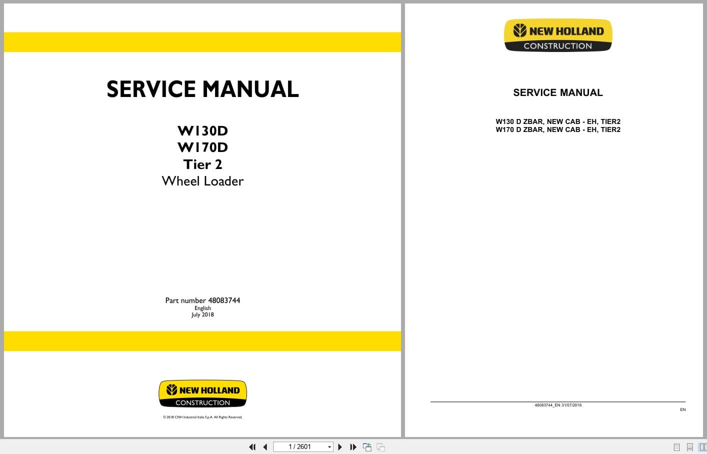 New Holland Wheel Loader W130D W170D Tier 2 Service Manual 48083744 (1)