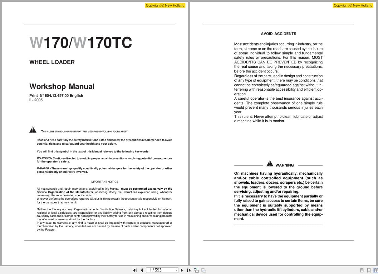 New Holland Wheel Loader W170 W170TC Workshop Manual 6041349700 (1)