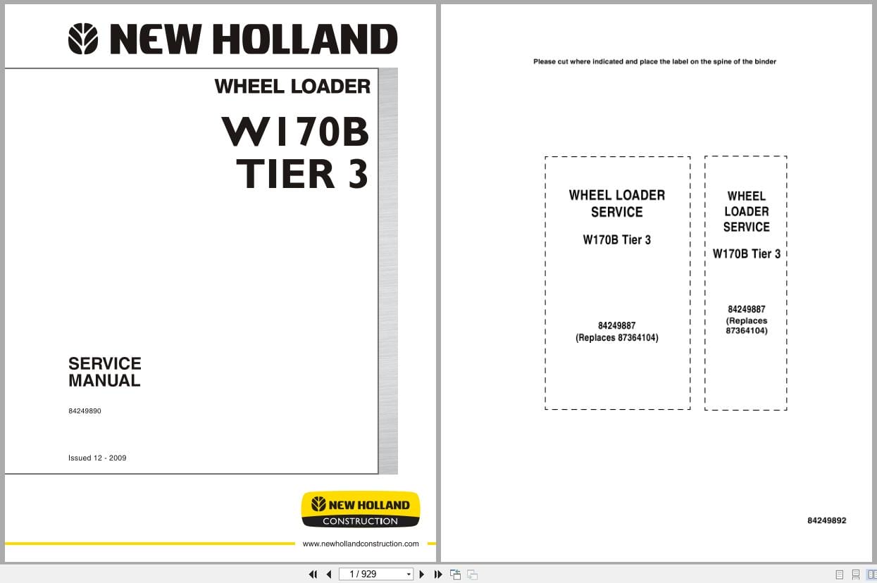 New Holland Wheel Loader W170B Tier 3 Service Manual 84249890 (1)