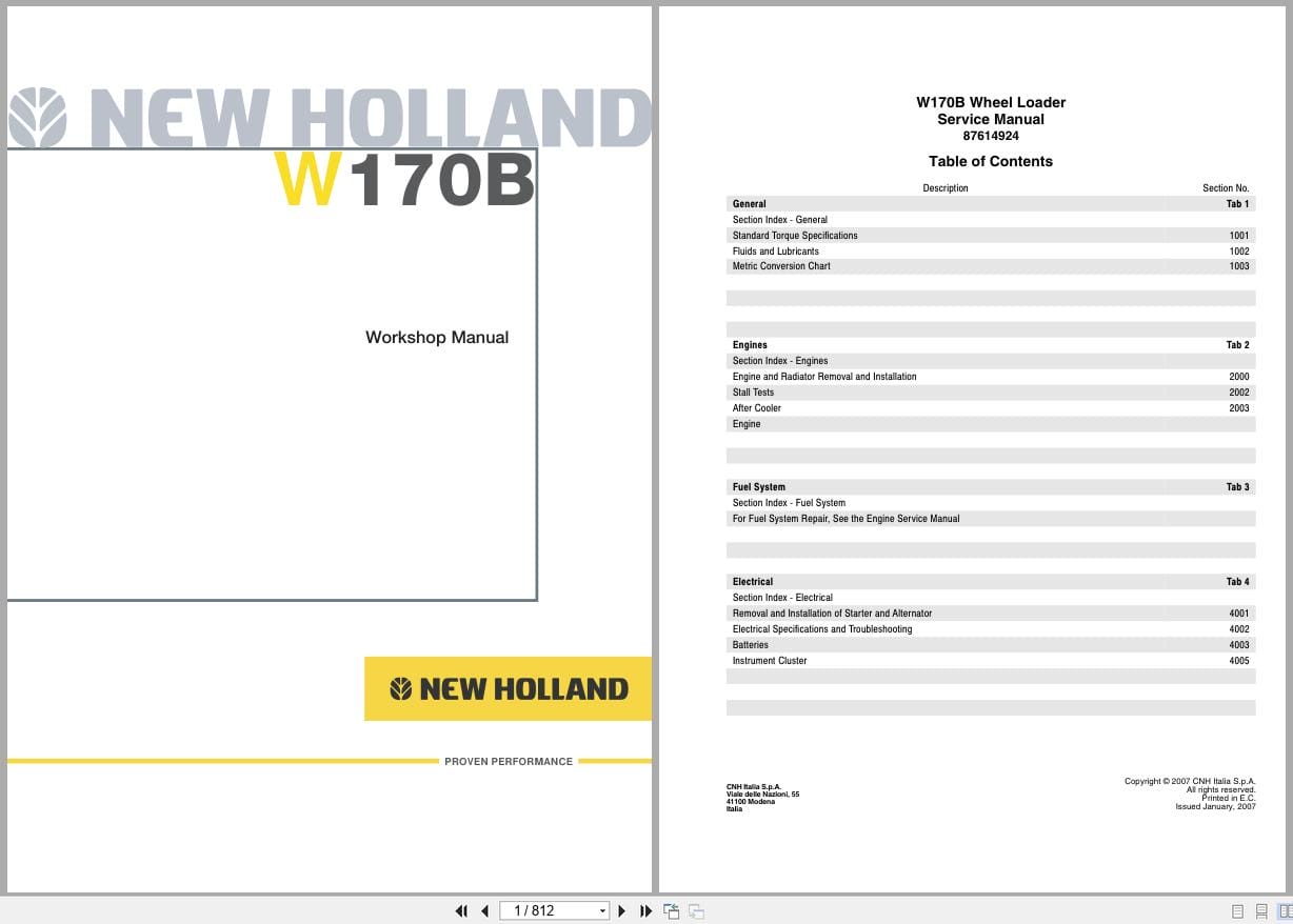New Holland Wheel Loader W170B Workshop Manual 87614924 (1)