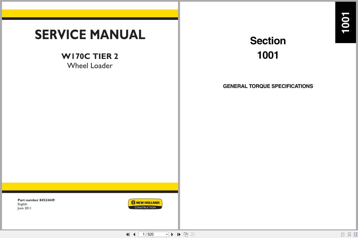 New Holland Wheel Loader W170C Tier 2 Service Manual 84524449 (1)