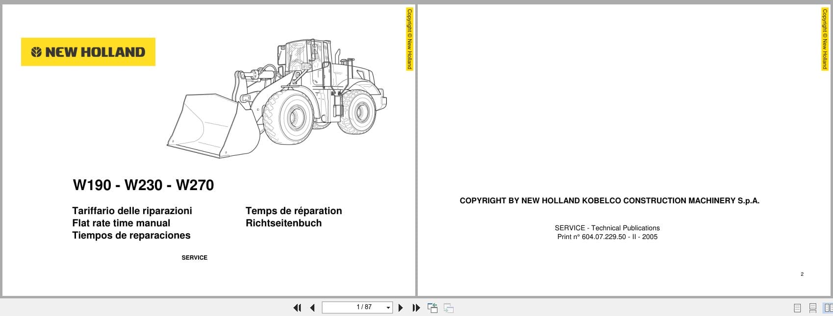 New Holland Wheel Loader W190 W230 W270 Flat Rate Time Manual (1)