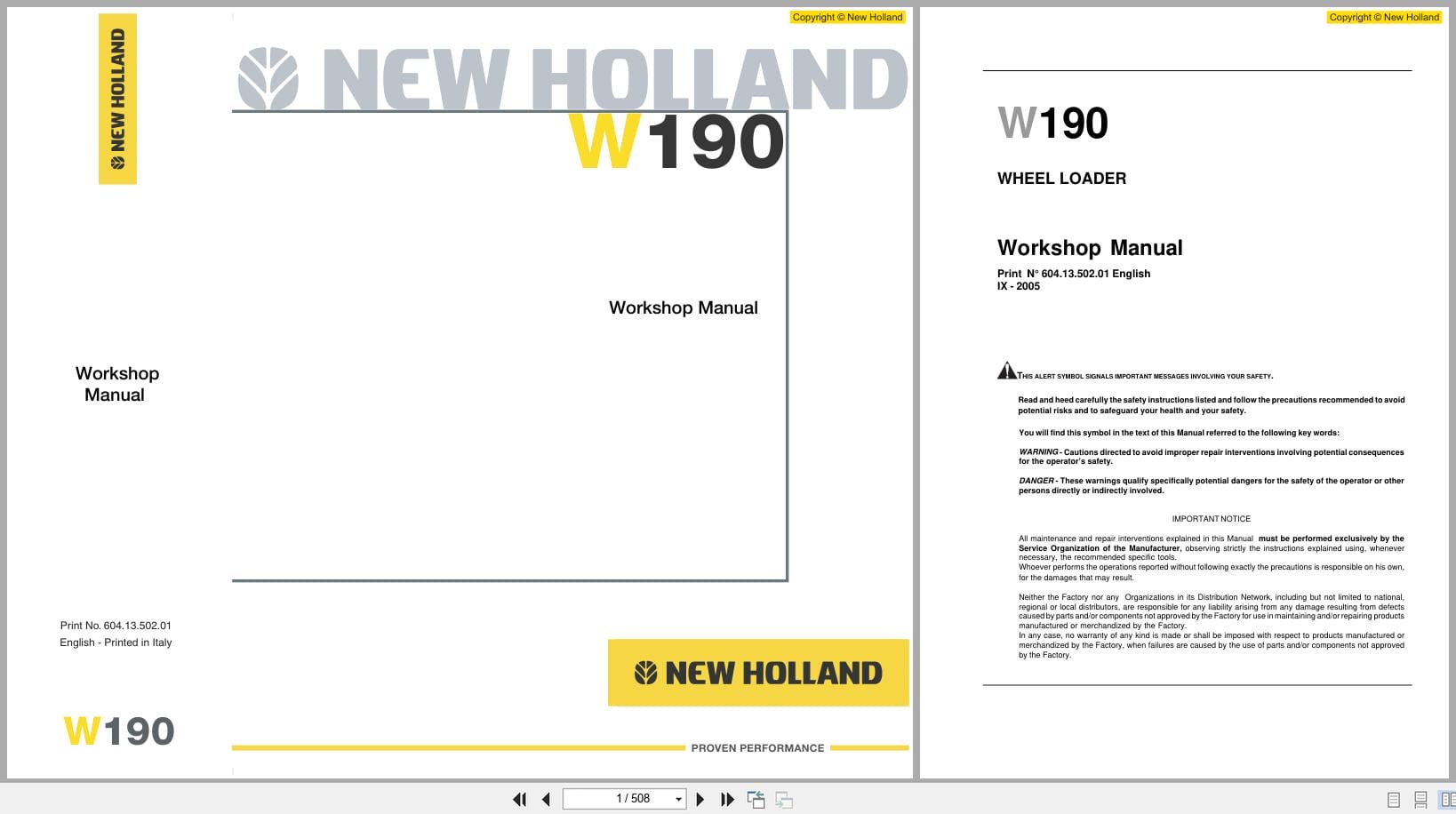New Holland Wheel Loader W190 Workshop Manual 6041350201 (1)