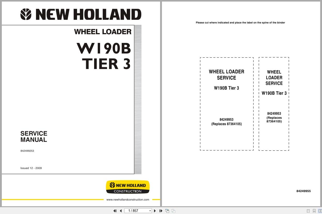 New Holland Wheel Loader W190B Tier 3 Service Manual 84299253 (1)