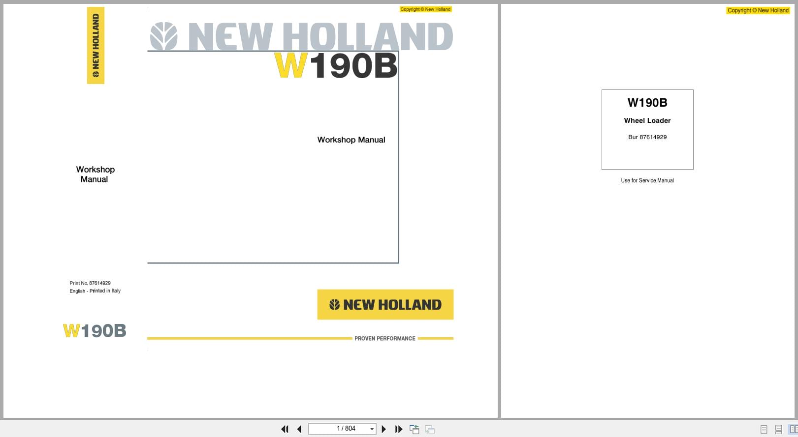 New Holland Wheel Loader W190B Workshop Manual 87614929 (1)