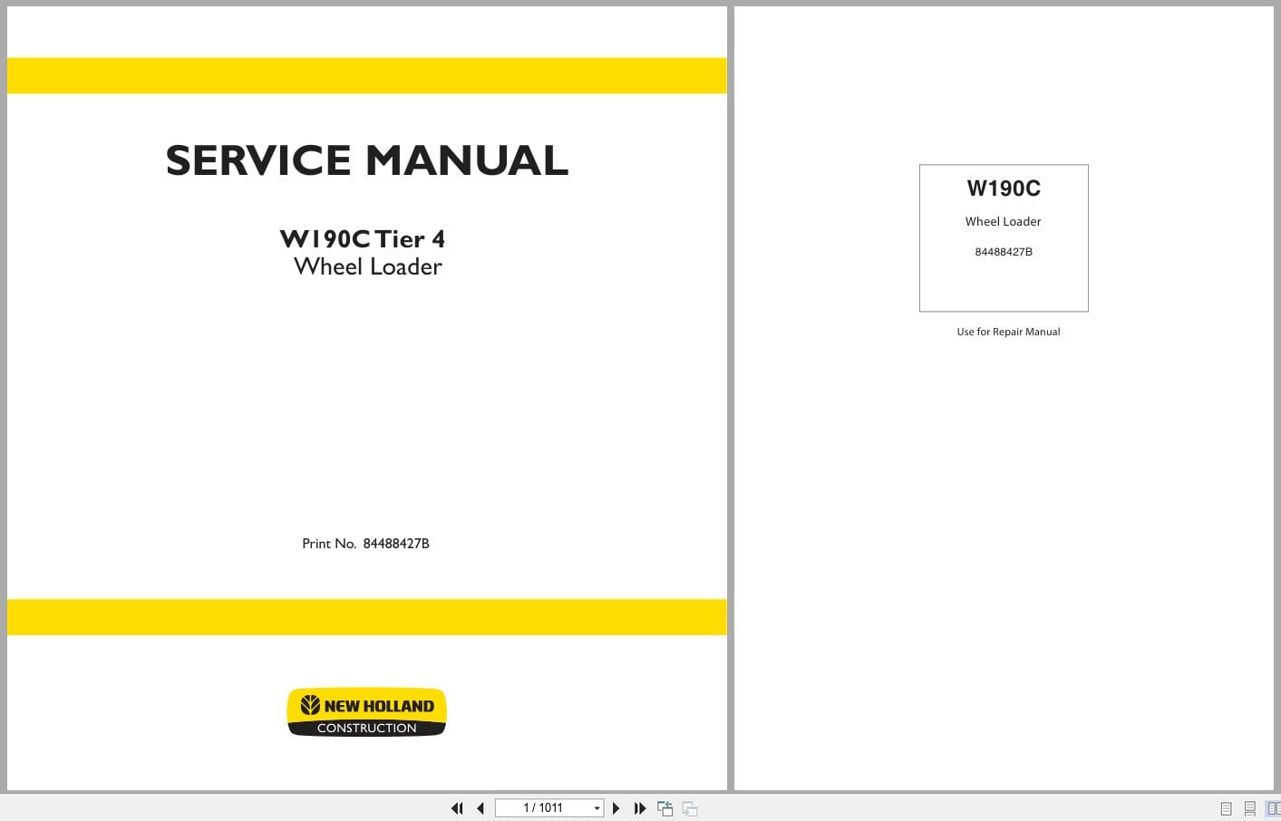 New Holland Wheel Loader W190C Tier 4 Service Manual 84488427B (1)