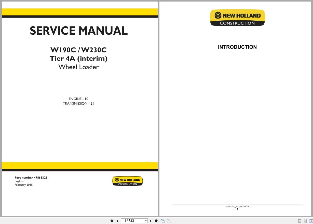 New Holland Wheel Loader W190C W230C Tier 4A Service Manual 47865326 (1)