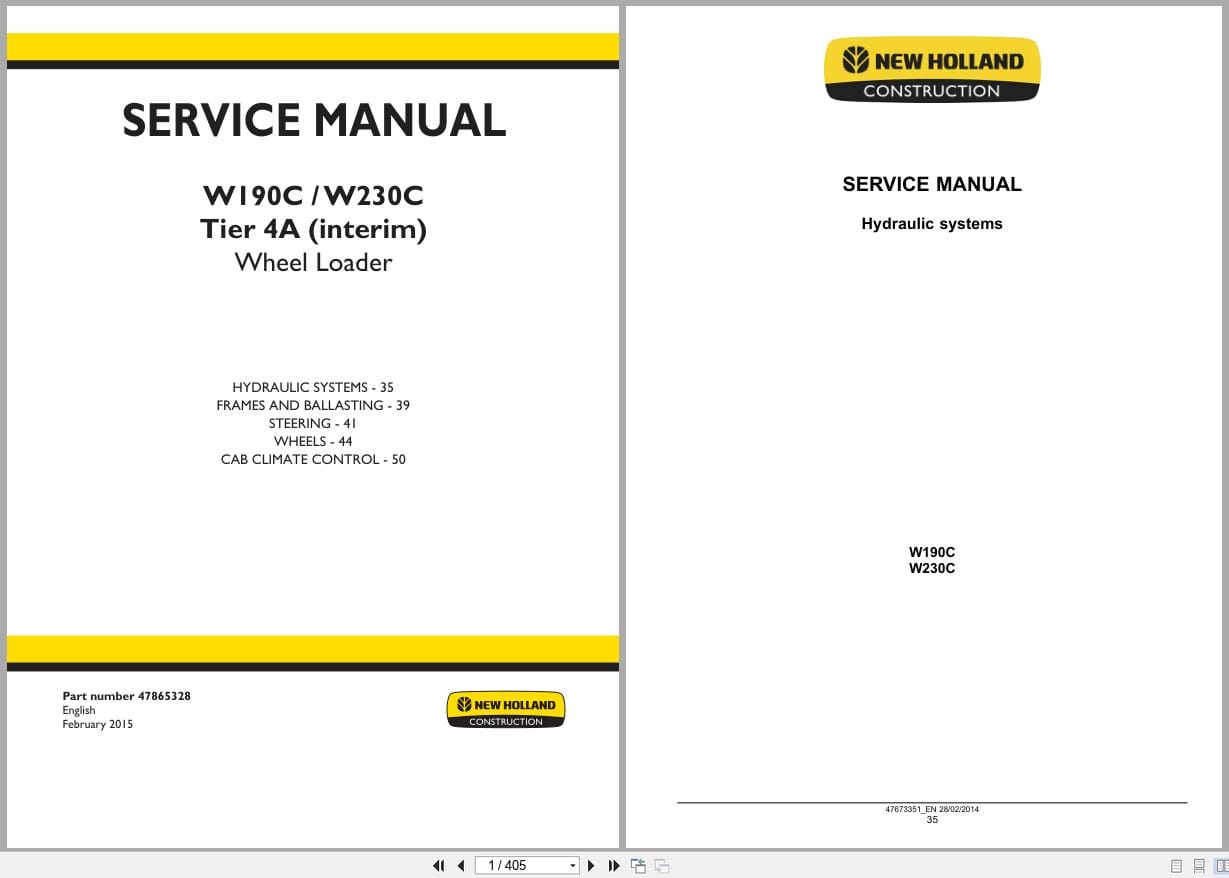 New Holland Wheel Loader W190C W230C Tier 4A Service Manual 47865328 (1)