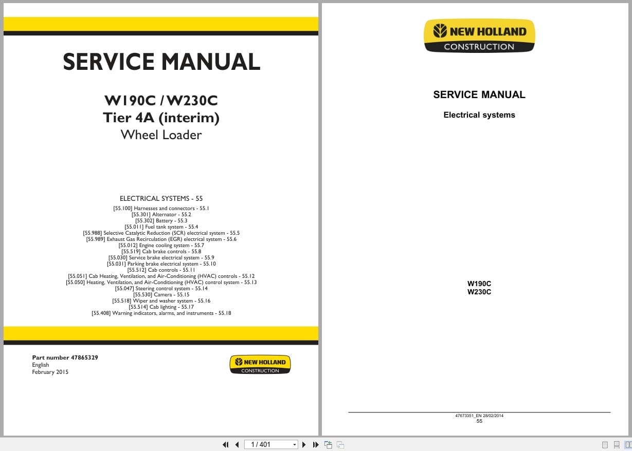 New Holland Wheel Loader W190C W230C Tier 4A Service Manual 47865329 (1)