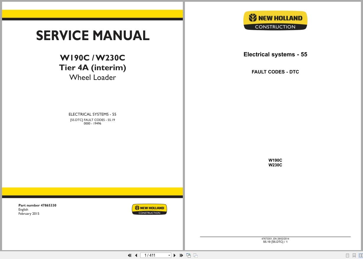 New Holland Wheel Loader W190C W230C Tier 4A Service Manual 47865330 (1)