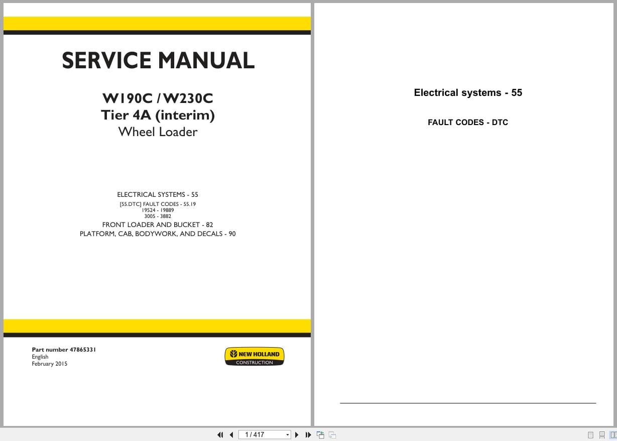 New Holland Wheel Loader W190C W230C Tier 4A Service Manual 47865331 (1)