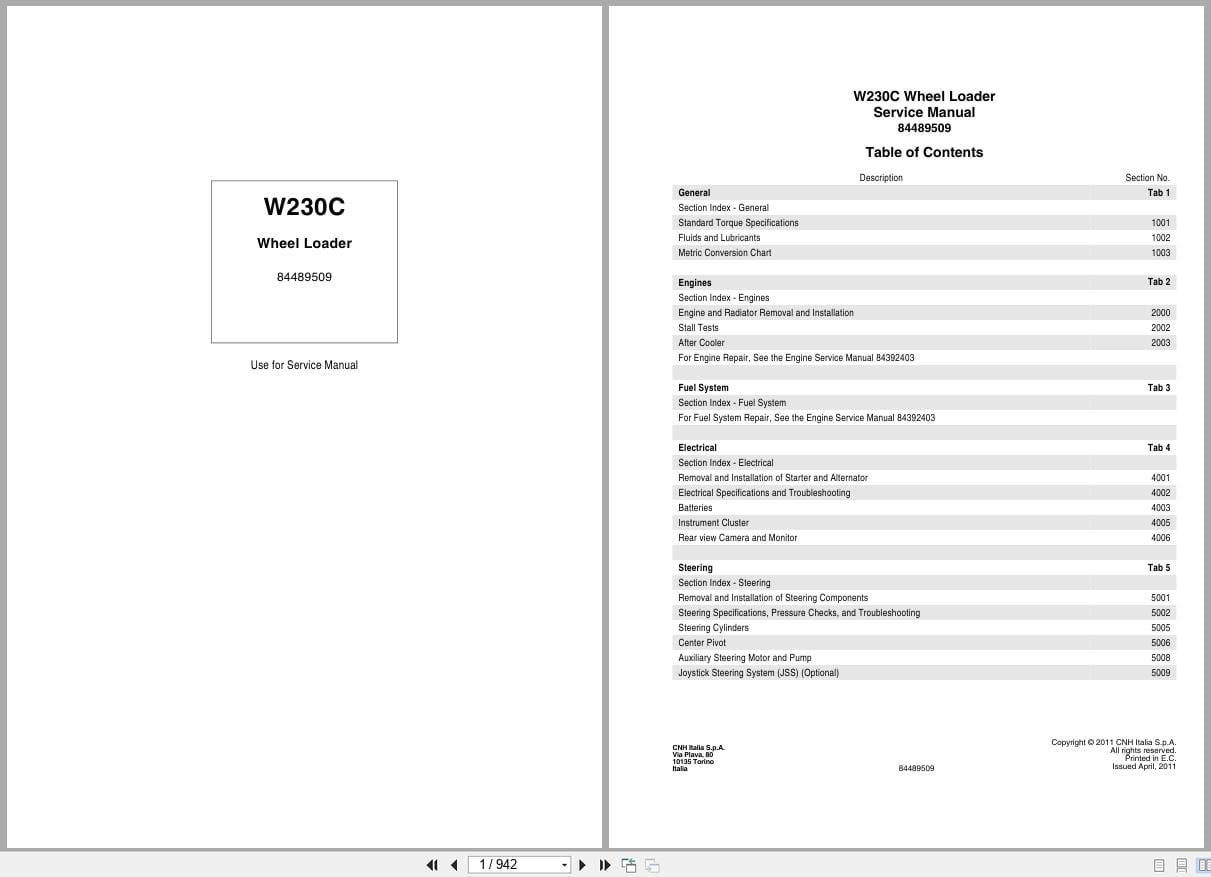 New Holland Wheel Loader W230C Service Manual 84489509 (1)