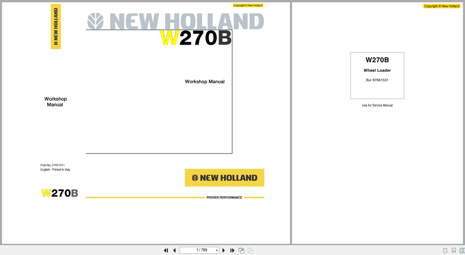 New Holland Wheel Loader W270B Workshop Manual 87661531 (1)