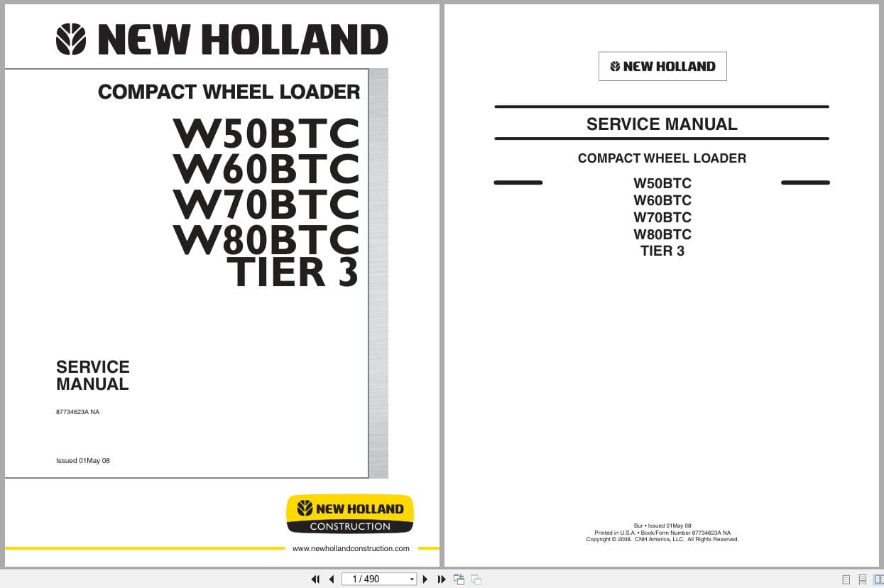 New Holland Wheel Loader W50BTC to W80BTC Tier 3 Service Manual 87734623A (1)