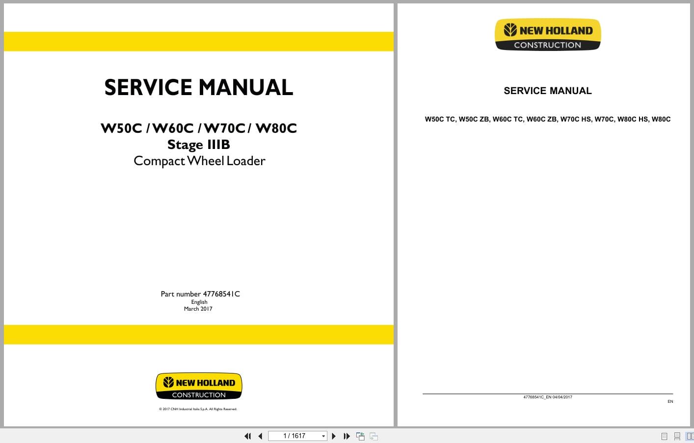 New Holland Wheel Loader W50C to W80C Stage 3B Service Manual 47768541C (1)