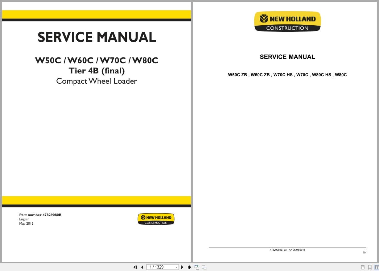 New Holland Wheel Loader W50C to W80C TIer 4B Service Manual 47829080B (1)