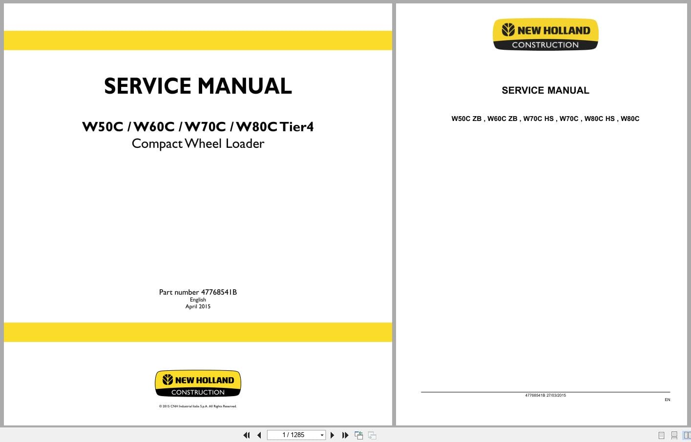 New Holland Wheel Loader W50C to W80C Tier 4 Service Manual 47768541B (1)