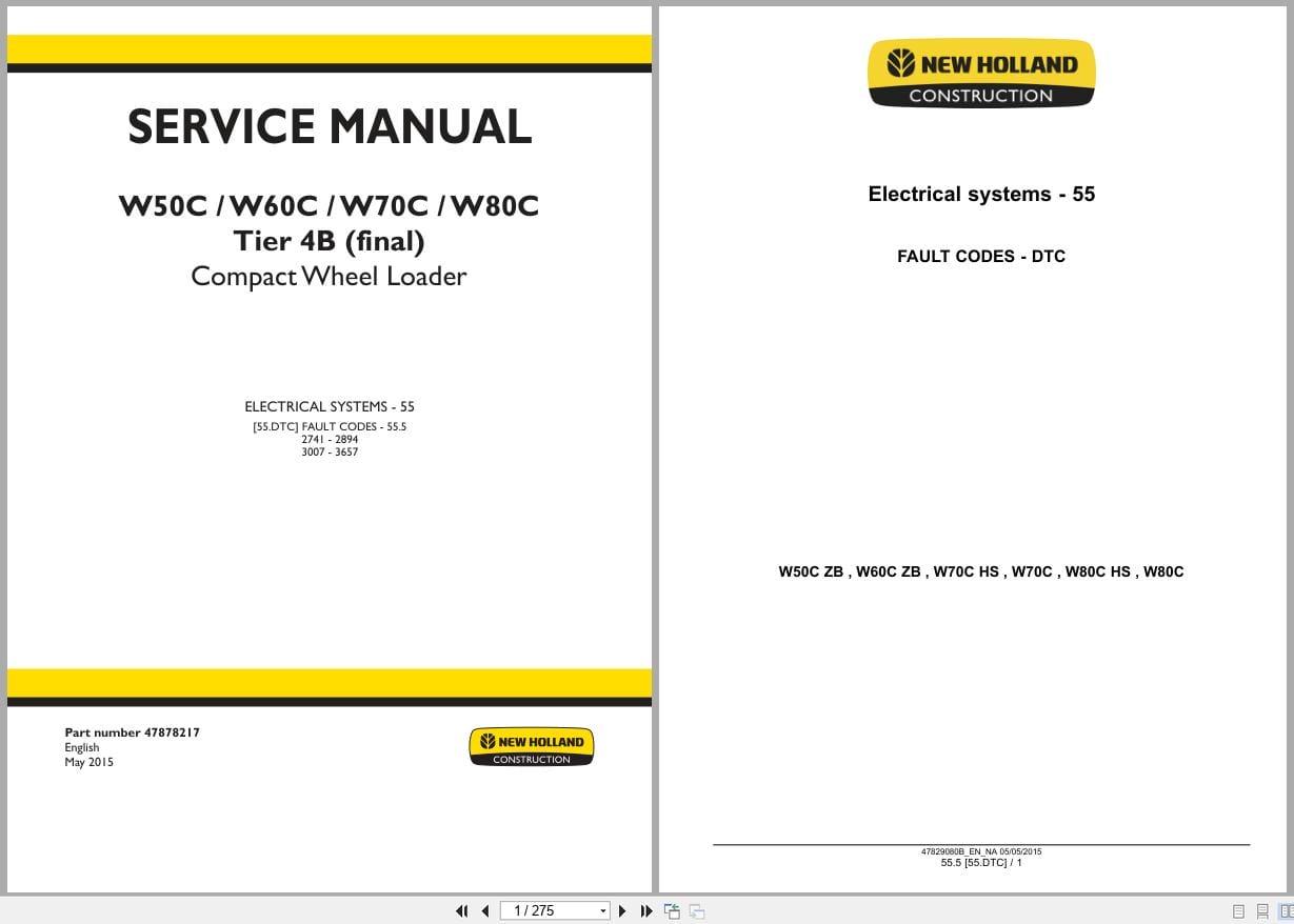 New Holland Wheel Loader W50C to W80C Tier 4B Service Manual 47878217 (1)