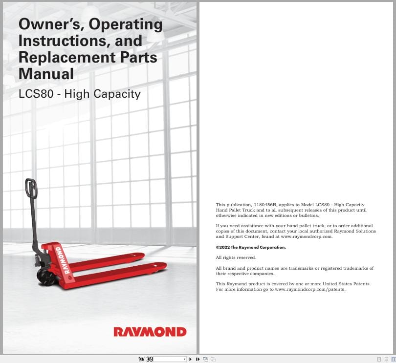 Raymond Hand Pallet LCS80 Owner Operation Parts Manual 1180456B 2022 (1)