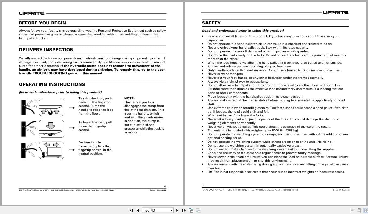 Raymond Hand Pallet LFTSC Owner Operation Parts Manual 1234959D 2022 (2)