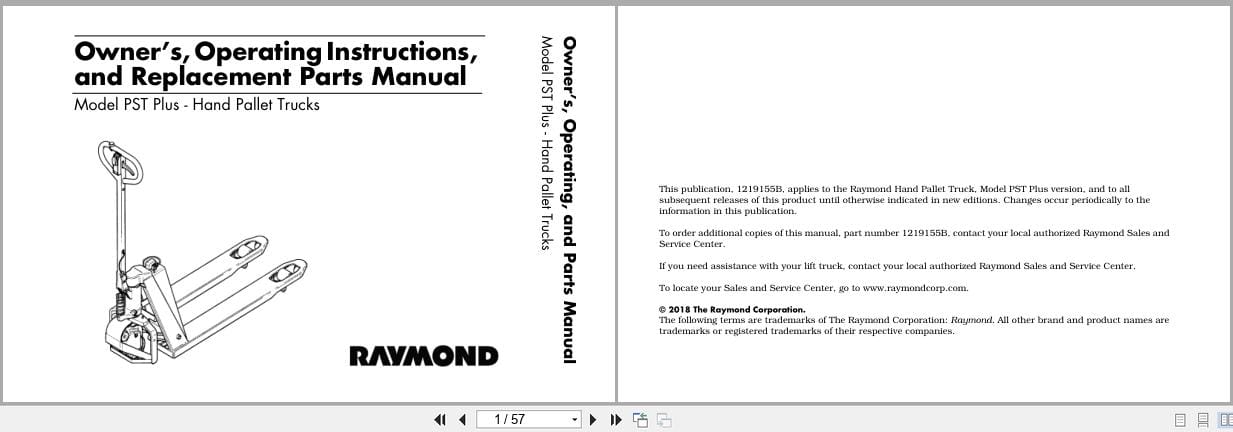 Raymond Hand Pallet PST Plus Owner Operation Parts Manual 1219155B 2018 (1)