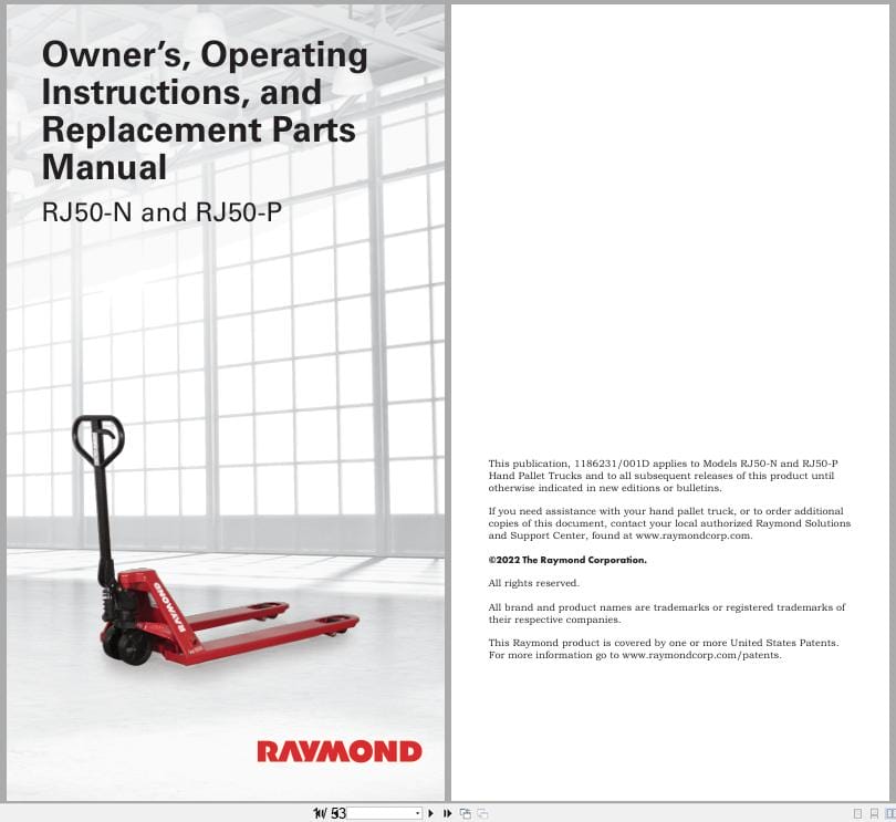 Raymond Hand Pallet RJ50 N RJ50 P Owners Operating Parts Manual 1186231001D 2022 (1)