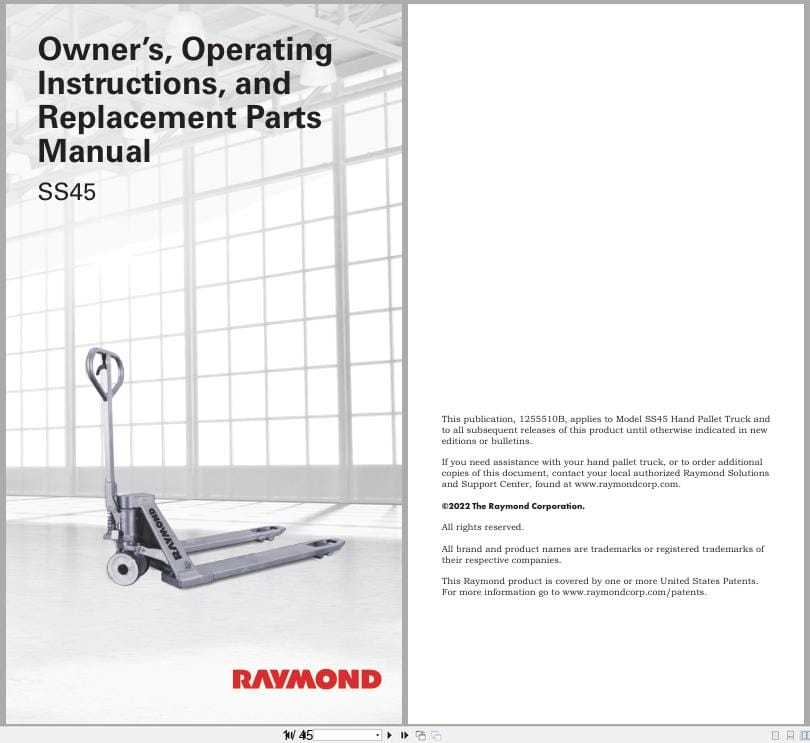 Raymond Hand Pallet SS45 Owner Operation Parts Manual 1255510B 2022 (1)