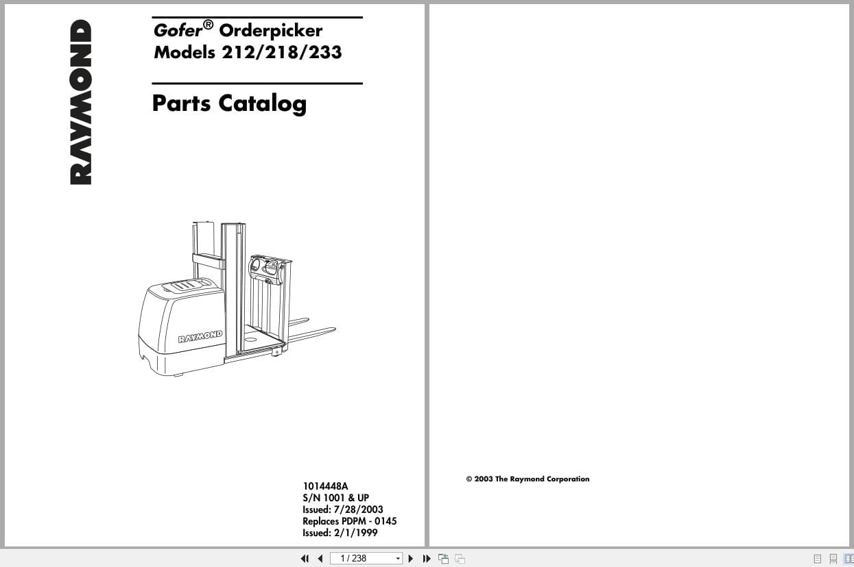 Raymond Orderpicker 212 218 233 Gofer Parts Manual 1014448A (1)
